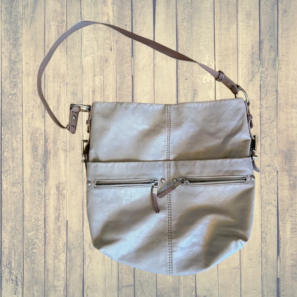 The Sak Taupe Leather Hobo Shoulder Bag Soft Leather Double Zip Pockets Large